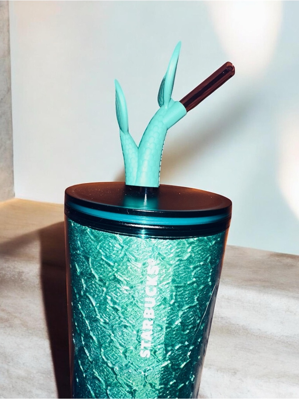 Starbucks Emerald Green Textured Travel Tumbler with Mermaid Tail Stirrer - Picture 3 of 3
